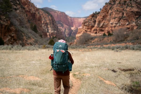 A person with a backpack walking through a canyon